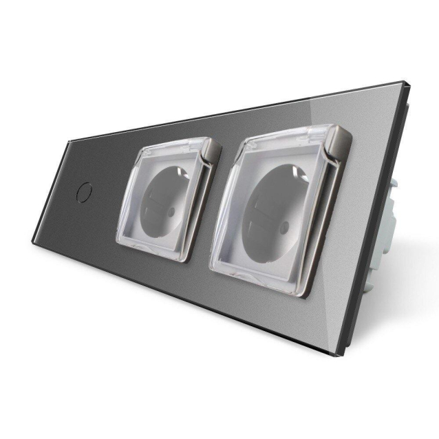 Сенсорный выключатель Розетка двойная влагозащищенная с крышкой Livolo серый стекло (VL-C701/C7C2EUWF-15)
