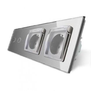 Сенсорный выключатель 2 сенсора Розетка двойная влагозащищенная с крышкой Livolo серый стекло