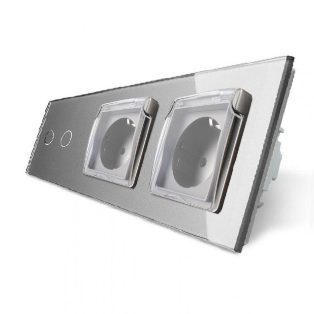 Сенсорный выключатель 2 сенсора Розетка двойная влагозащищенная с крышкой Livolo серый стекло