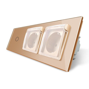 Сенсорный выключатель Розетка двойная влагозащищенная с крышкой Livolo золото стекло (VL-C701/C7C2EUWF-13)
