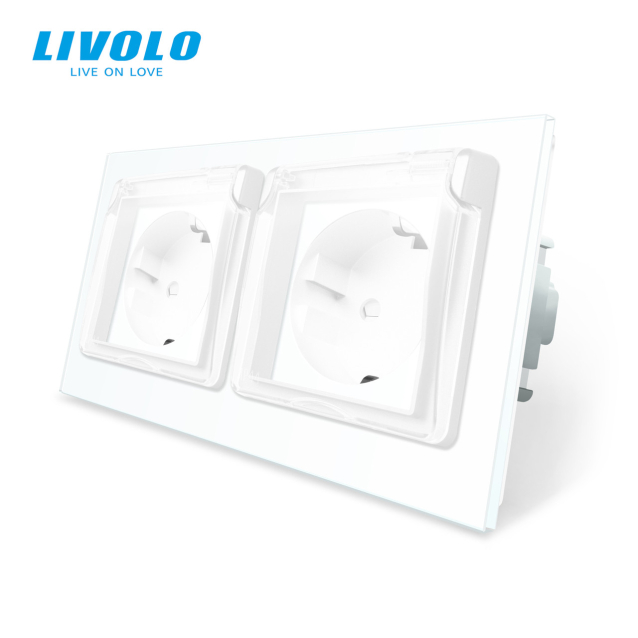 Розетка двойная влагозащищенная с крышкой Livolo белый стекло (VL-C7C2EUWF-11)