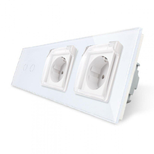 Сенсорный выключатель 2 сенсора Розетка двойная влагозащищенная с крышкой Livolo белый стекло