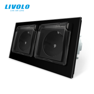 Розетка двойная влагозащищенная с крышкой Livolo черный стекло (VL-C7C2EUWF-12)