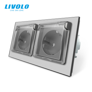 Розетка двойная влагозащищенная с крышкой Livolo серый стекло (VL-C7C2EUWF-15)