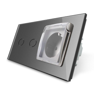 Сенсорный выключатель 2 сенсора Розетка влагозащищенная с крышкой Livolo серый стекло (VL-C702/C7C1EUWF-15)