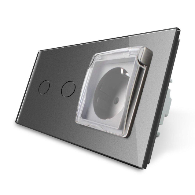 Сенсорный выключатель 2 сенсора Розетка влагозащищенная с крышкой Livolo серый стекло (VL-C702/C7C1EUWF-15)
