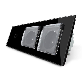 Сенсорный выключатель Розетка двойная влагозащищенная с крышкой Livolo черный стекло (VL-C701/C7C2EUWF-12)