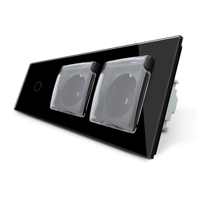 Сенсорный выключатель Розетка двойная влагозащищенная с крышкой Livolo черный стекло (VL-C701/C7C2EUWF-12)