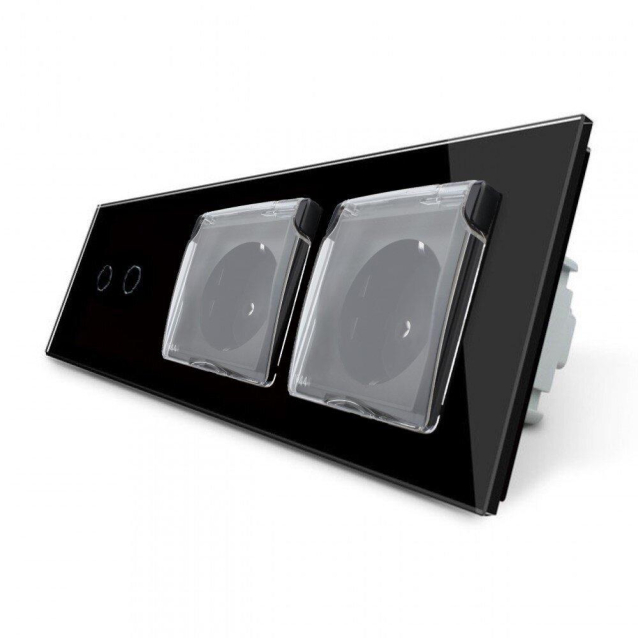 Сенсорный выключатель 2 сенсора Розетка двойная влагозащищенная с крышкой Livolo черный стекло