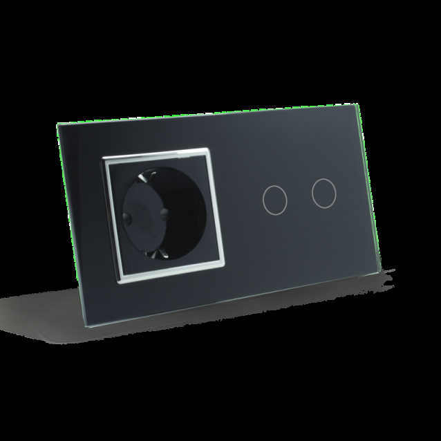 Сенсорный выключатель 2 сенсора 1 розетка Livolo черный хром стекло (VL-C702/C7C1EU-12C)