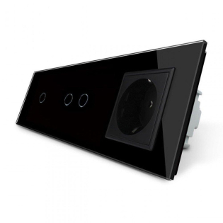 Сенсорный выключатель 3 сенсора (1-2) 1 розетка Livolo черный стекло (VL-C701/C702/C7C1EU-12)