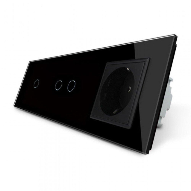 Сенсорный выключатель 3 сенсора (1-2) 1 розетка Livolo черный стекло (VL-C701/C702/C7C1EU-12)
