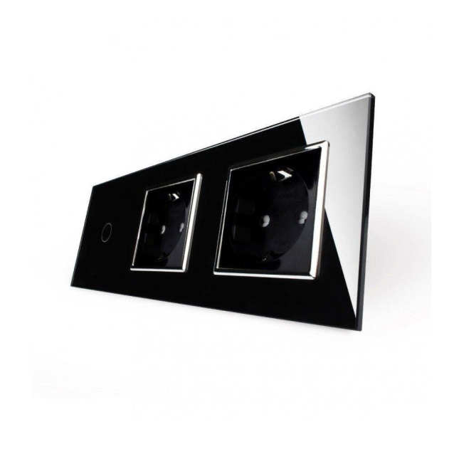 Сенсорный выключатель 1 сенсор 2 розетки Livolo черный хром стекло (VL-C701/C7C2EU-12C)