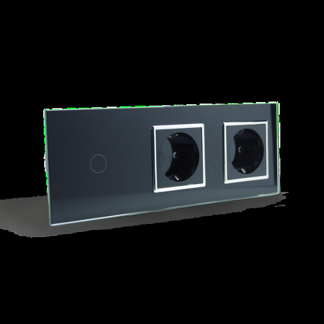 Сенсорный выключатель 1 сенсор 2 розетки Livolo черный хром стекло (VL-C701/C7C2EU-12C)