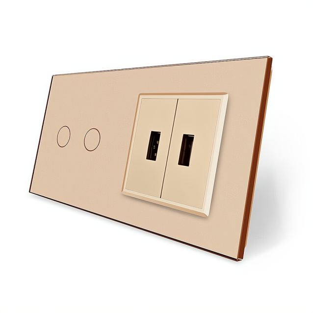 Сенсорный выключатель 2 сенсора 2 USB Livolo золотой стекло (VL-C702/2USB-13)