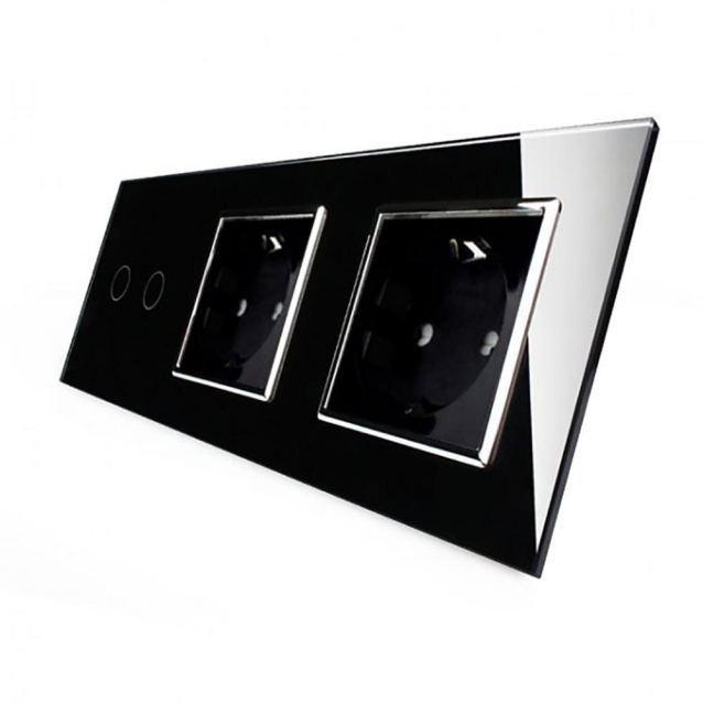 Сенсорный выключатель 2 сенсора 2 розетки Livolo черный хром стекло (VL-C702/C7C2EU-12C)