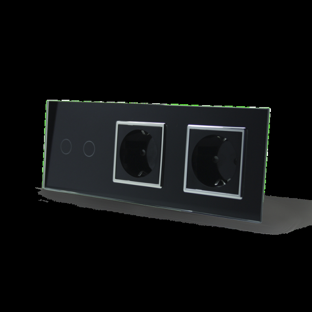 Сенсорный выключатель 2 сенсора 2 розетки Livolo черный хром стекло (VL-C702/C7C2EU-12C)