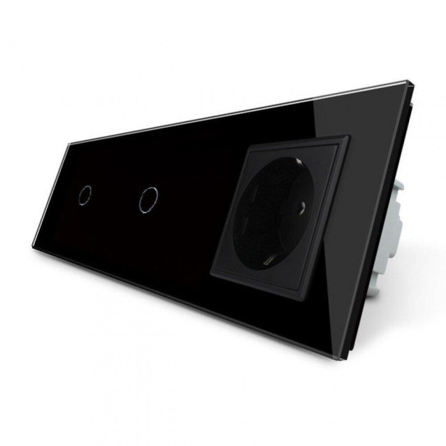 Сенсорный выключатель 2 сенсора (1-1) 1 розетка Livolo черный стекло (VL-C701/C701/C7C1EU-12)
