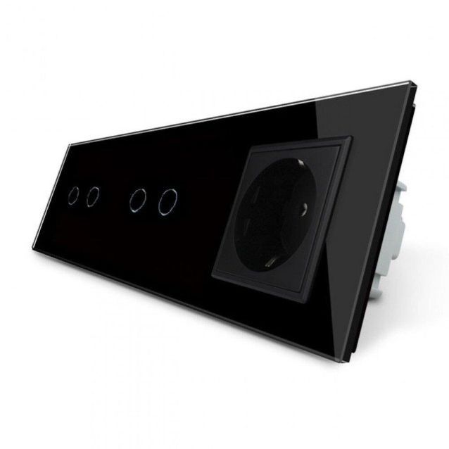 Сенсорный выключатель 4 сенсора (2-2) 1 розетка Livolo черный стекло (VL-C702/C702/C7C1EU-12)