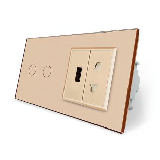 Сенсорный выключатель 2 сенсора 1 USB 1 розетка универсальная Livolo золотой стекло (VL-C702/C7USBC1A-13)
