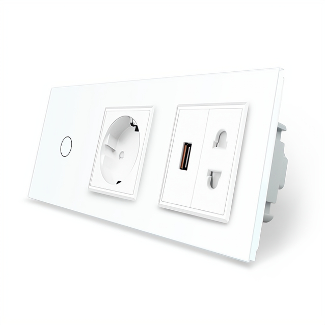 Сенсорный выключатель 1 сенсор 1 розетка 1 USB 1 розетка универсальная Livolo белый стекло