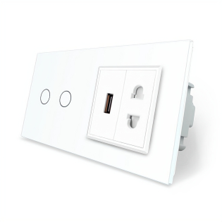 Сенсорный выключатель 2 сенсора 1 USB 1 розетка универсальная Livolo белый стекло (VL-C702/C7USBC1A-11)