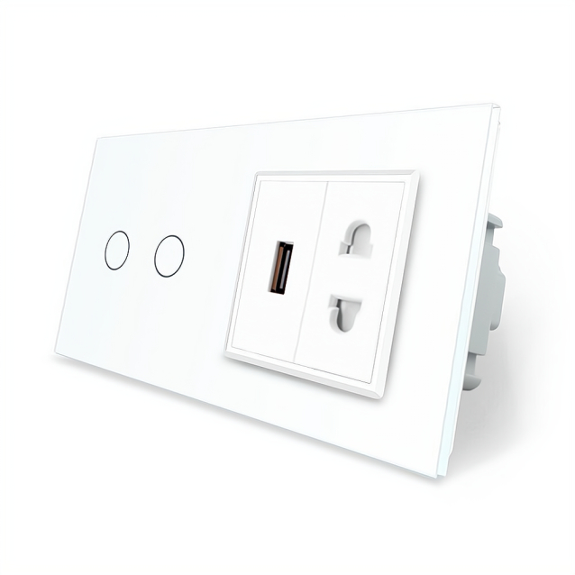 Сенсорный выключатель 2 сенсора 1 USB 1 розетка универсальная Livolo белый стекло (VL-C702/C7USBC1A-11)