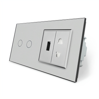 Сенсорный выключатель 2 сенсора 1 USB 1 розетка универсальная Livolo серый стекло (VL-C702/C7USBC1A-15)
