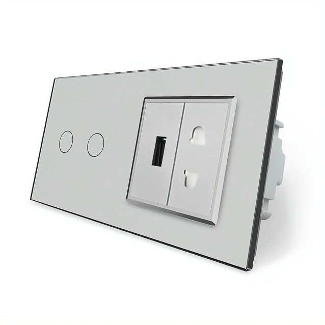 Сенсорный выключатель 2 сенсора 1 USB 1 розетка универсальная Livolo серый стекло (VL-C702/C7USBC1A-15)