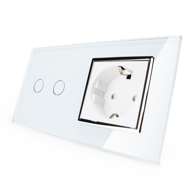 Сенсорный выключатель 2 сенсора 1 розетка Livolo белый хром стекло (VL-C702/C7C1EU-11C)