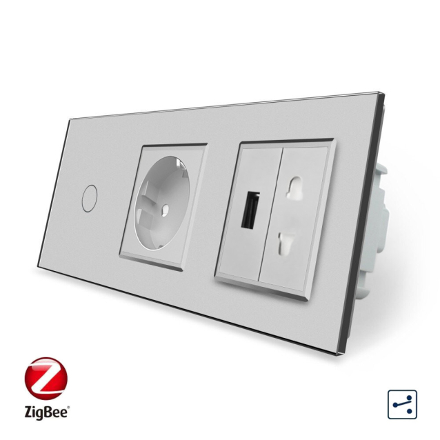 Умный сенсорный проходной выключатель 1 сенсор 1 розетка 1 USB 1 розетка универсальная Livolo серый стекло