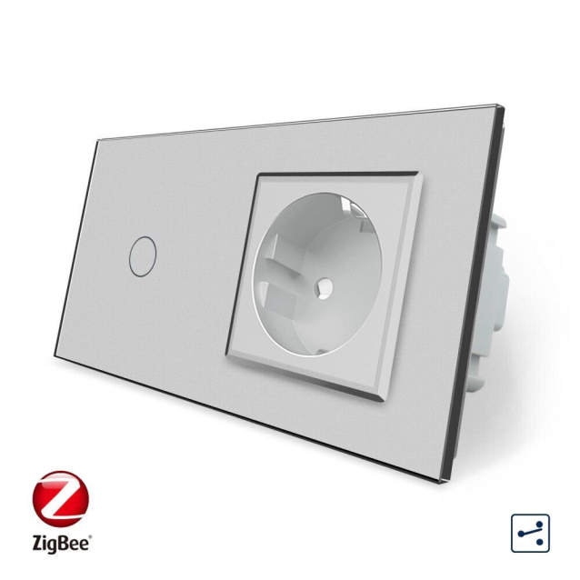 Умный сенсорный проходной выключатель 1 сенсор 1 розетка Livolo серый стекло (VL-C701SZ/C7C1EU-15)