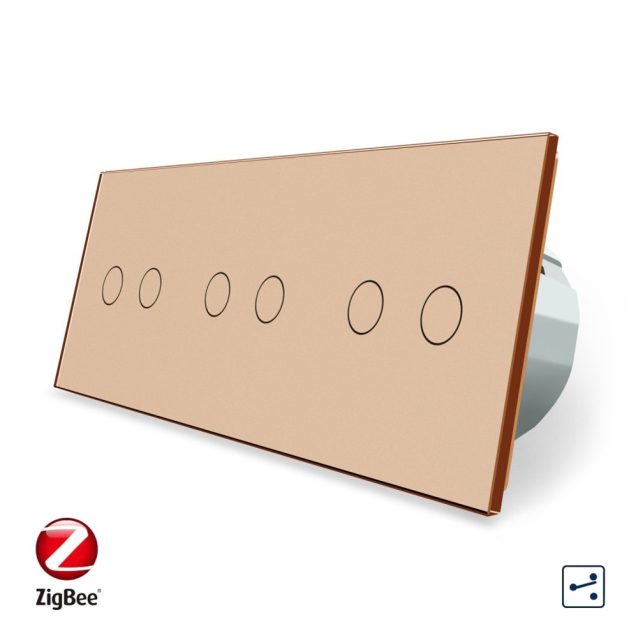 Умный сенсорный проходной выключатель 6 сенсоров (2-2-2) Livolo золотой стекло (VL-C706SZ-13)