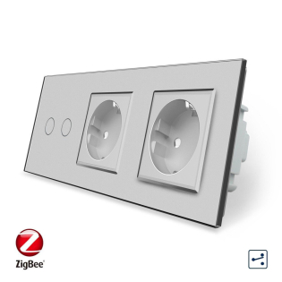 Умный сенсорный проходной выключатель 2 сенсора 2 розетки Livolo серый стекло (VL-C702SZ/C7C2EU-15)
