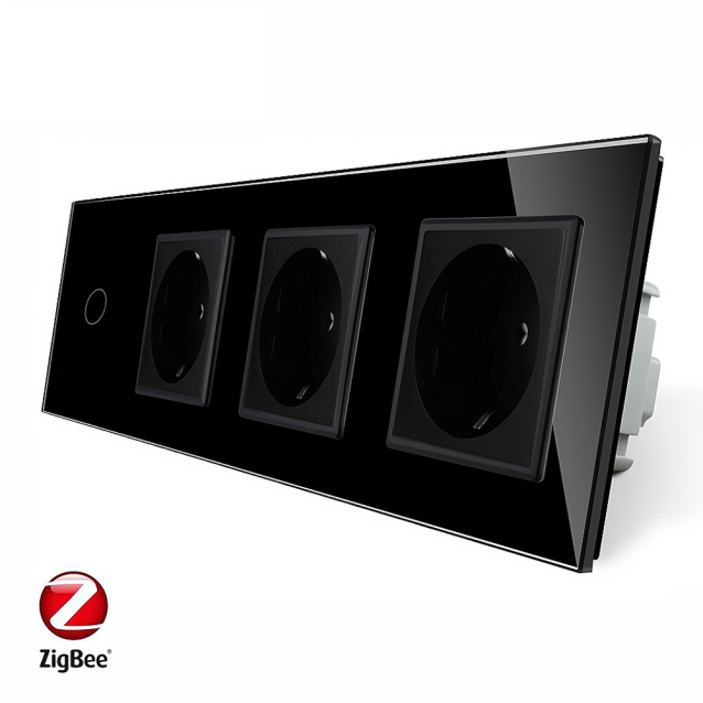 Умный сенсорный ZigBee выключатель 1 сенсор 3 розетки Livolo черный стекло (VL-C701Z/C7C3EU-12)