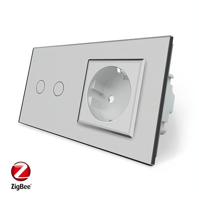 Умный сенсорный ZigBee выключатель 2 сенсора 1 розетка Livolo серый стекло (VL-C702Z/C7C1EU-15)