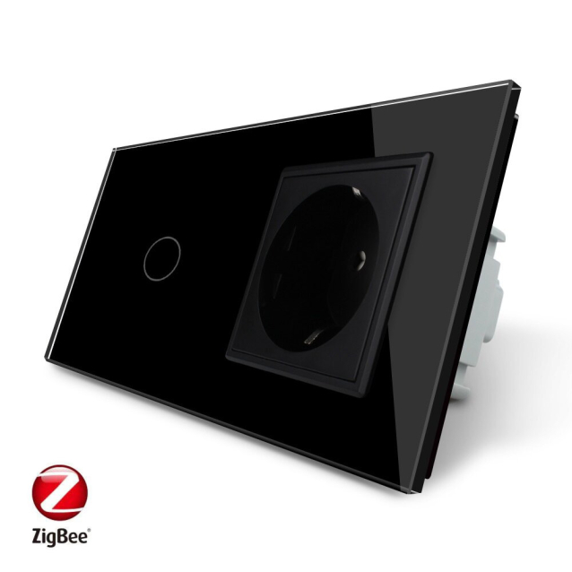 Умный сенсорный ZigBee выключатель 1 сенсор 1 розетка Livolo черный стекло (VL-C701Z/C7C1EU-12)