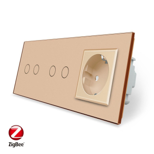 Умный сенсорный ZigBee выключатель 4 сенсора (2-2) 1 розетка Livolo золото стекло (VL-C702Z/C702Z/C7C1EU-13)