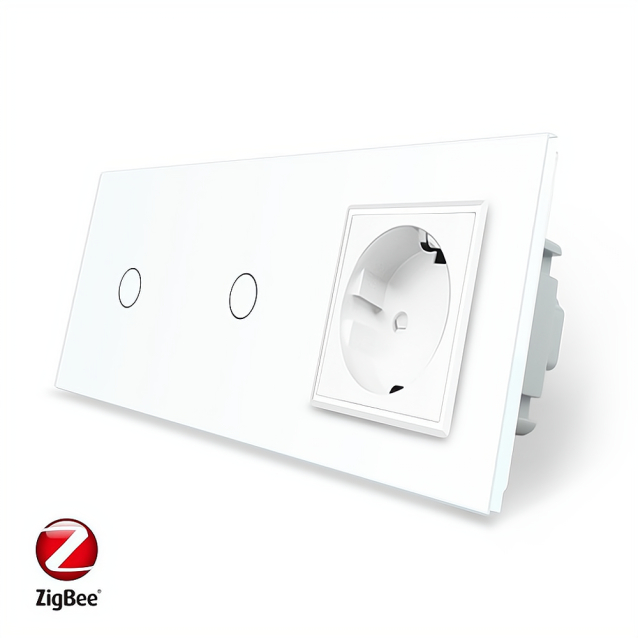 Умный сенсорный ZigBee выключатель 2 сенсора (1-1) 1 розетка Livolo белый стекло (VL-C701Z/C701Z/C7C1EU-11)