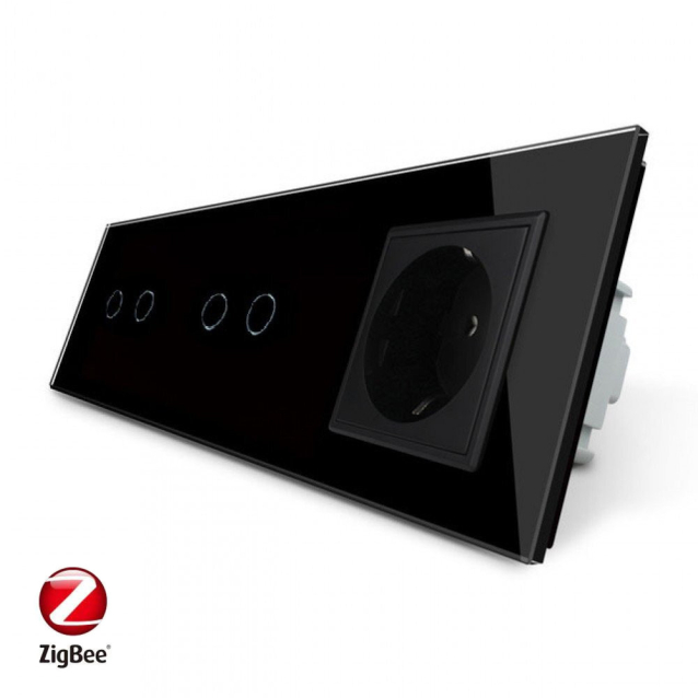Умный сенсорный ZigBee выключатель 4 сенсора (2-2) 1 розетка Livolo черный стекло (VL-C702Z/C702Z/C7C1EU-12)