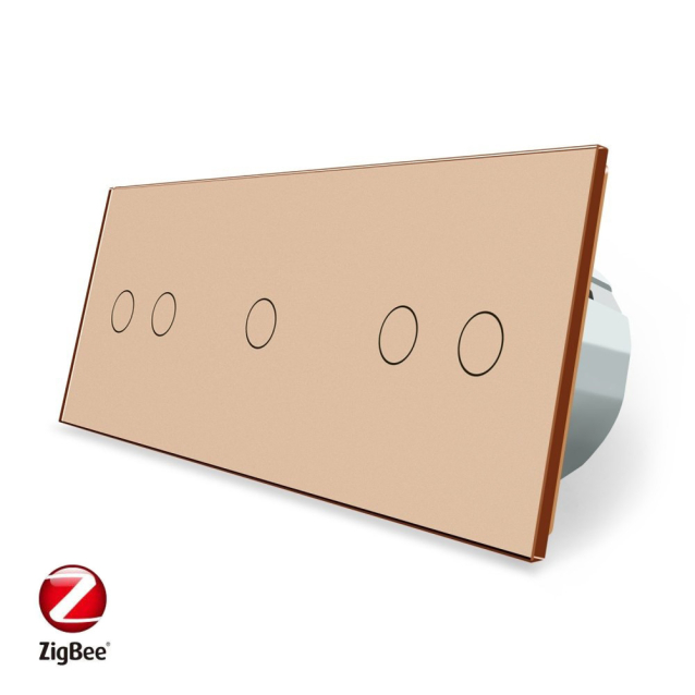 Умный сенсорный ZigBee выключатель 5 сенсоров (2-1-2) Livolo золото стекло (VL-C702Z/C701Z/C702Z-13)