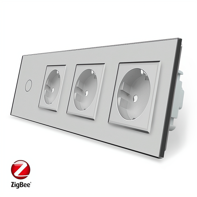 Умный сенсорный ZigBee выключатель 1 сенсор 3 розетки Livolo серый стекло (VL-C701Z/C7C3EU-15)